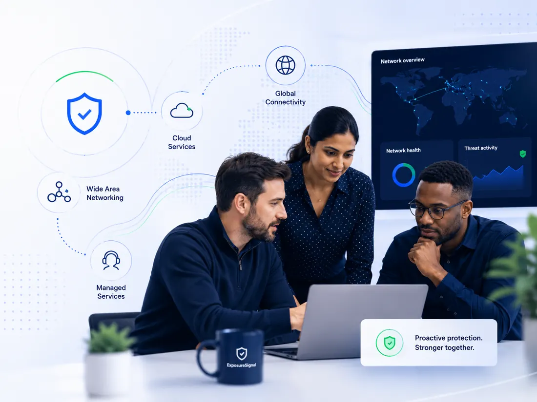 ExposureSignal team reviewing business technology, cloud services, and network security signals